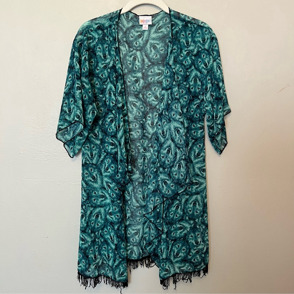 LuLaRoe Monroe Fringe Kimono Wolf Print Size Small Cover Up